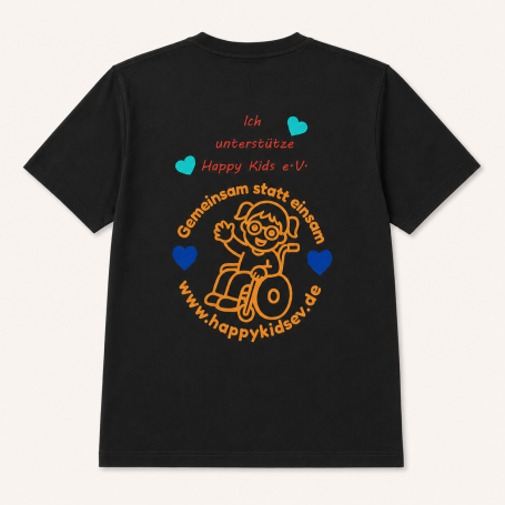 Schwarzes Happy Kids e.V. Supporter-Shirt mit großem Rückenmotiv